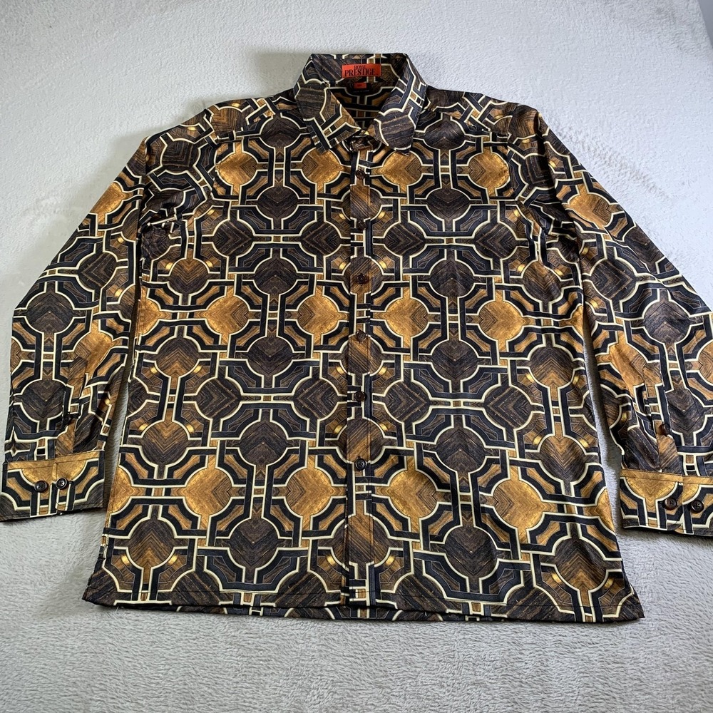 Royal Prestige Shirt‎ Mens 2XL Brown Long Sleeve Rayon Festival Abstract Retro